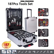 ONLYGOODS 187Pcs Tool Box Set, Wheeled Trolley Socket Wrench Tools Set, Portable High Hardness Carbo