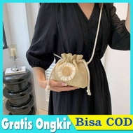 Tas Selempang Rajut Tas Serut Wanita Bunga Matahari Sling Bag