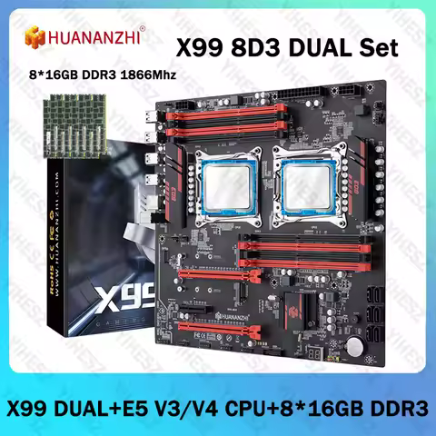 HUANANZHI X99 8D3 Motherboard Dual Set With E5 V3/V4 CPU And 8*16GB DDR3 1866Mhz ECC RAM Support Sat