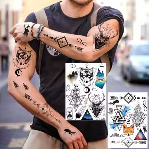 Wolf Triangle Fox Temporary Tattoos For Children Men Fake Elk Flower Tattoo Body Arm Hands Mountain 