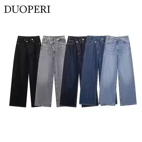 DUOPERI Women Fashion Denim Solid Straight Pants Jeans High Waist Full Length Casual Female Chic Lad