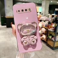 Luxury Electroplated Phone Case for Samsung Galaxy S8 Plus S8+ S9 Plus S9+ S10 Plus S10+ Cute Quicksand Liquid Bear Bracket with Make Up Mirror