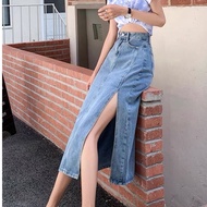 Chân Váy Jean Xẻ Dài Nữ Qua Gối Cạp Cao Tua Gấu Ulzzang Phong Cách Hàn Quốc A2