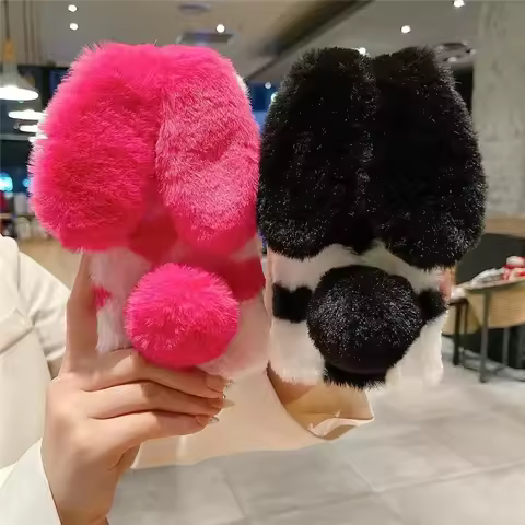 3D Furry Rabbit Bunny Fur Soft Plush Black Phone Case For Huawei Y9 Y7 Y7A Y6P Honor 200 100 90 70 5