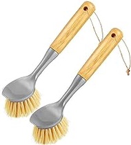 Dish Scrub Brush with Washing Handle - Dish Brush, Dish Scrubbing Brush, Dish Brush with Handle, Dish Brush Bamboo, Scrub Brushes for Cleaning Dishes for Pans, Sink, Pots, Cast Iron Skillet - 2 Pack