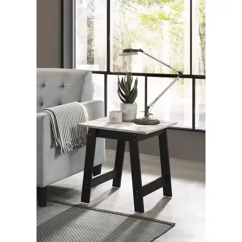Kenzo 19" Black End Table with Faux Marble Top Finish