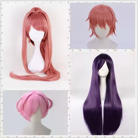Game Anime DDLC Natsuki Pink Wig Monika 100cm Long Cosplay Sayori Orange Hair Yuri 80cm Purple Wigs 