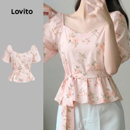 Lovito Casual Blouse Lace Up Spring/summer Pink Blouse for Women LK4ED900 Lovito Blaus Kasual Bertal