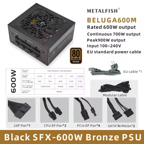 METALFISH SFX 80Plus Bronze 500/600W PSU Black Power Supply Full-Modular For Mini ITX Chassis Small