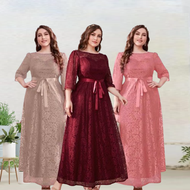 Fashionable Ninang Plus Size Occasional Belted Classy Embroidered Lace Maxi Dress with 3/4 Type Slee