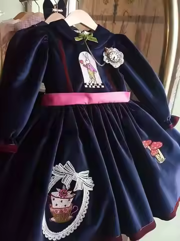 0-12Y Baby Girl Autumn Winter Alice Rabbit Embroidery Long Sleeves Navy Blue Velvet Dress for Birthd
