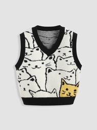 Cider Cats Pattern V-neck Knitted Vest เสื้อไหมพรมแขนกุดผู้หญิง เสื้อไหมพรมแฟชั่นผญ ลายแมว ลุคสตรีท