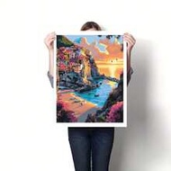 1pc Sunset At Fishing Village DIY Acrylic Painting Kit, 40*50cm, Includes Full Set Of Paints And Bru