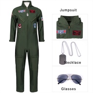 ชุดนักบินรบผู้ชายผู้ใหญ่ชุดนักบินกองทัพอากาศคอสเพลย์พร้อมแว่นตาสร้อยคอสีเขียวทหารชุดจั๊มสูทฮาโลวีน