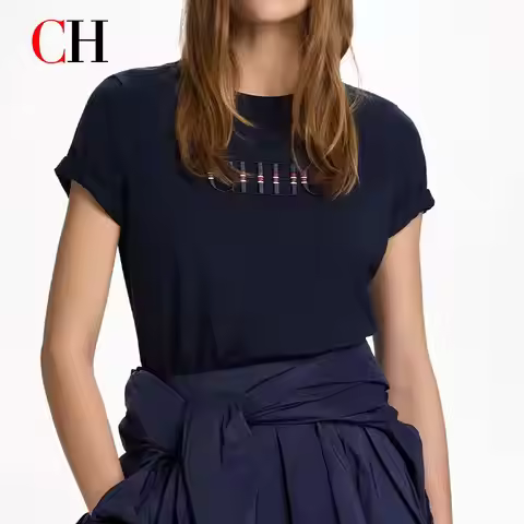 CH Embroidered Letter Short Sleeve T Shirt Women Crew Neck Regular Fit Sporty Casual Breathable Fabr