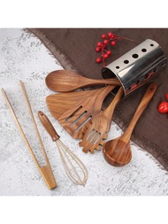 8入組木製廚房器具套裝，有機木製湯匙及烹飪用木製鏟子，廚具不沾鍋