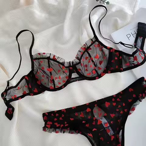 BANERDANNI Women Heart Pattern Lace Underwire Bra Set Light Mesh Support Daily Intimates Lingerie Un