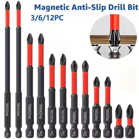 Magnetic Non-Slip Drill Bit Set 3/6/12 Pieces, S2 Steel, Crosshead and Impact Drill Bits, Suitable f
