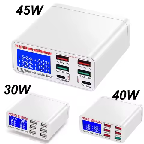 Digital LCD 6 Ports USB Smart Fast Charger Station Charging HUB 30W/40W/45W QC 3.0 PD 45W 20W Deskto