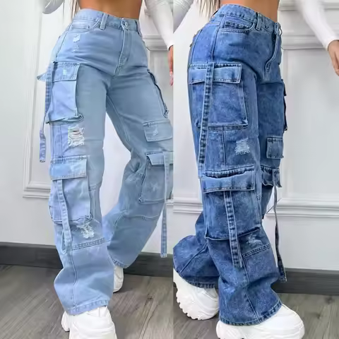 ONE TO WAN Women Denim Trousers Fashionable Solid Color Versatile Multi-pocket Casual Pants Ladies L
