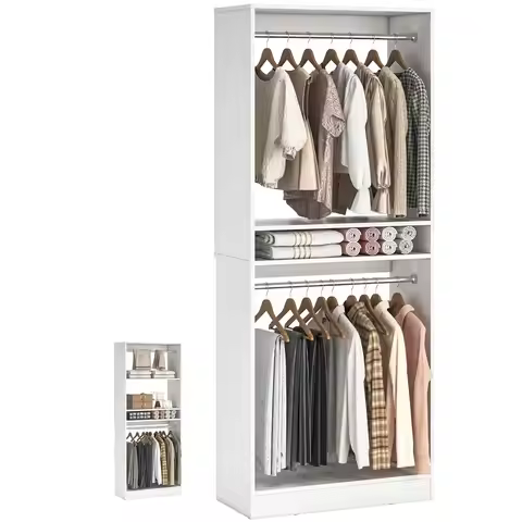 Freestanding Closet Wardrobe with Rods & Shelves, Adjustable Garment Rack, Sturdy Tower, Easy Assemb