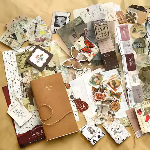 Retro scrapbook supplies, aesthetic diary tool kit, material paper set, simple Instagram style backg