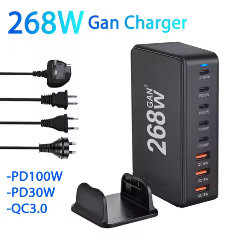 268W Gan Fast Charging PD 100W PD 30W PPS QC3.0 Charger for Home Office for Smartphone Laptop iPad Q