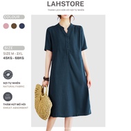 LAHSTORE linen dress with train collar, loose sleeves, embossed hem, youthful DS33 (navy blue)