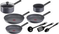 Tefal Natural On G2809202 Saucepan Set, 9 P, 16/20 cm + Lid, 24/26/30 cm, Non-Stick Coating, Thermo-Signal, French Manufacture, Induction, Stone Grey