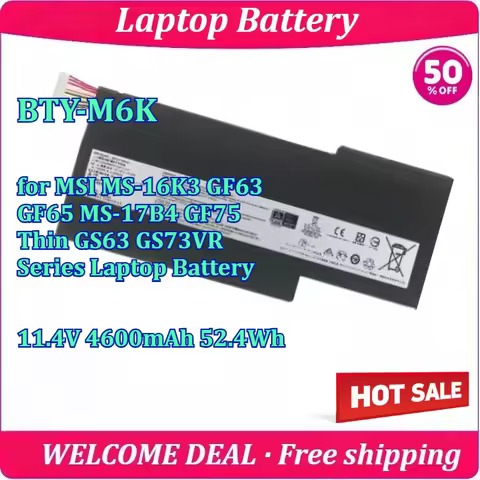 New BTY-M6K for MSI MS-16K3 GF63 GF65 MS-17B4 GF75 Thin GS63 GS73VR Series Laptop Battery 11.4V 4600