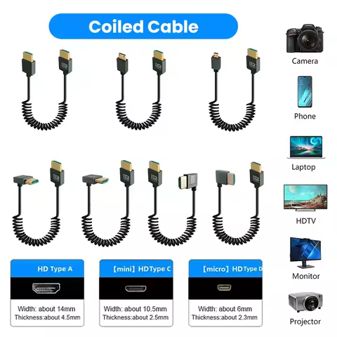8K HDMI-Compatible To HDMI-Compatible Coiled Cable 48Gbps Extreme Thin HDMI-Compatible 2.1 Cable for