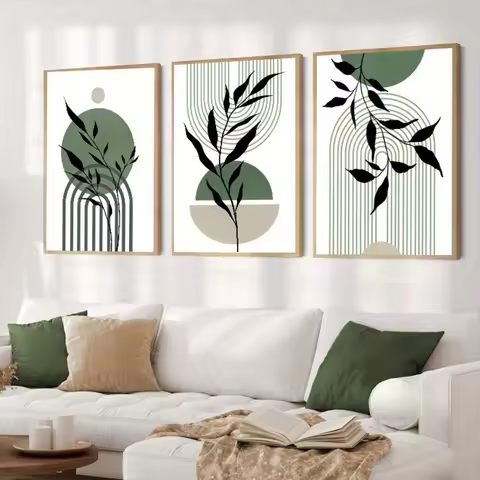 3pcs Sage Green Boho Wall Art Green Black Beige Abstract Mid-Century Poster Modern Botanical Living 