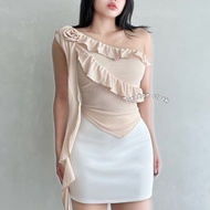 KIYANA Cirebon Cloth - Heejin Jellyfish Top Asymmetrical Ruffle Top Asymmetrical Top with Flowers Cu