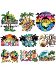 9入組夏季系列高清貼紙,包括海浪,棕櫚樹,海豚,菠蘿,太陽眼鏡,適用於帆布袋,雨傘,窗簾,衣服,t恤,帽t,熱轉印貼片