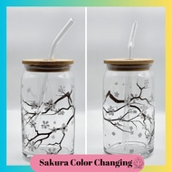 Color Changing Sakura Glass Can Cup with bamboo lid and glass straw | Gifts | Custom Cup | tumbler | starbucks