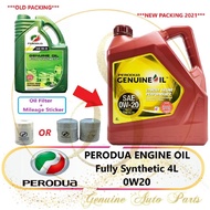 NEW PACKAGING Perodua Engine Oil 0w20 0w-20 Fully Synthetic 4L+ Perodua Oil Filter 15601-P2A14 15601