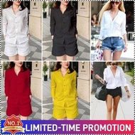 Solid Color Cardigan and Shorts Casual Two-Piece Set for Women's Leisure Time