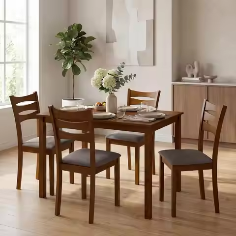 Dining Table Set for 4, 5- Piece Dinette Set with 4 Upholstered Chairs, Rubber Wood Frame & Space-Sa