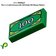 Plastic Part No. 3069px7 Tile 1x2 with Groove with 100 Dollar Bill Money Pattern