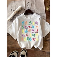 Women's White ASL Alphabet T-Shirt with Sign Language Hand Gestures&Rainbow Letter Chart-Sh