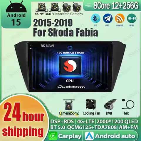 Android 15 Carplay Auto 2K Screen Car Radio Multimedia Player For Skoda Fabia 3 III 2015 - 2019 Auto