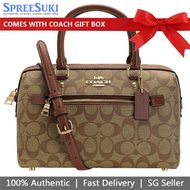 Coach Handbag In Gift Box Rowan Satchel In Signature Canvas Khaki Saddle Brown 2 # F83607