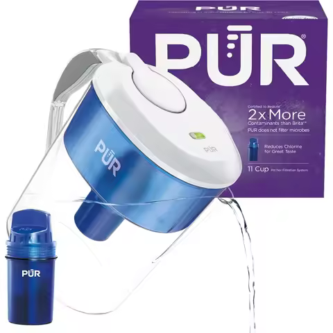 PUR 11-Cup Water Pitcher with 1 Filter, Powerful Filtration, Dishwasher Safe, LockFit Cap Design, Wh