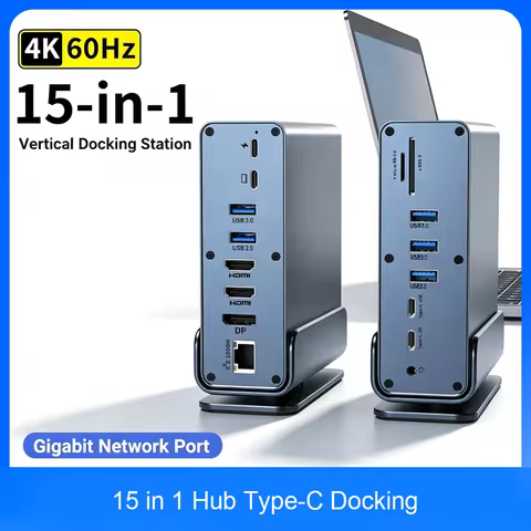 15 in 1 USB-C Docking Station 4K HD Vertical Hub with Triple Monitor RJ45 1000M USB 3.0 2.0 PD 3.0 S