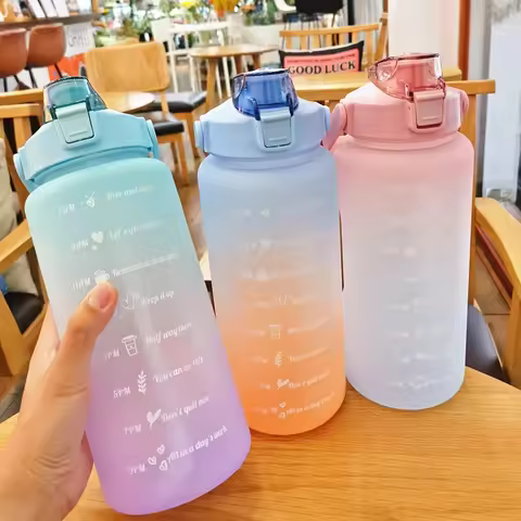 2 Liter Water Bottle with Straw Outdoor Sports Drinking Bottles with Time Marker Large Capacity Outd