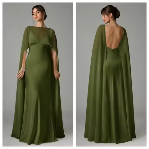 2-Piece Set Women's Evening Gown Green Best Seller Detachable Shawl Strappy Dress Mermaid Style Chif