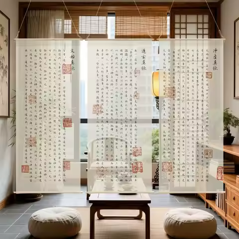 Zen Room hanging room divider - Taoist Scripture Semi Transparent Gauze Tapestry, for Tea Room & Med
