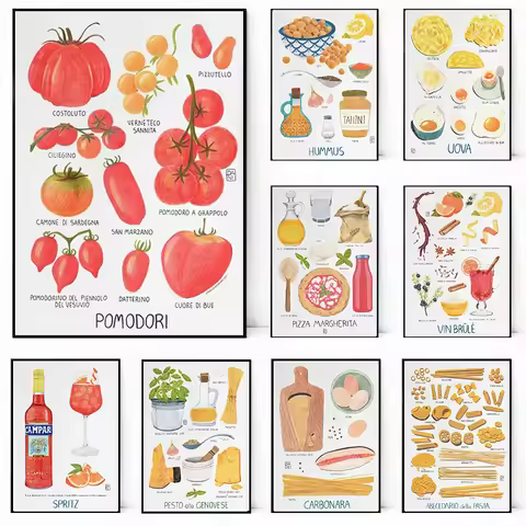 Egg Food Kitchen Hummus Pasta Alphabet Tomato Pizza Poster Print Canvas Painting Wall Art Pictures R