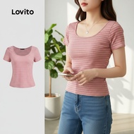 (Trendy2) Lovito Casual Striped Plicated T-Shirt for Women L131ED030