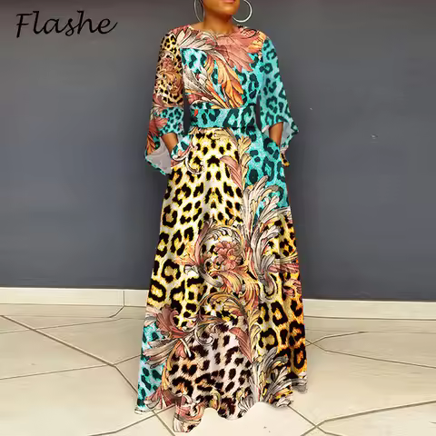 Vintage Women Party Dress Plus Size O Neck 3/4 Sleeve Leopard Print Maxi Long Dress Boho A-Line Pock